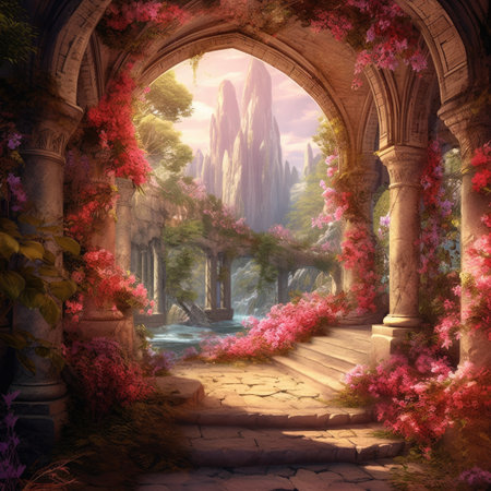 Beautiful fantasy landscape with a stone path leading to the ancient monasteryの素材