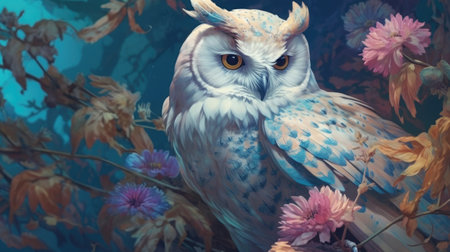 Portrait of an owl on a background of flowers.の素材