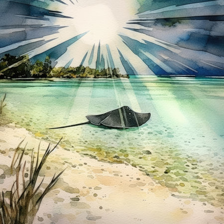 Watercolor stingray on the beach with sun raysの素材