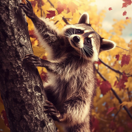 Raccoon climbing a tree in the autumn forest.の素材