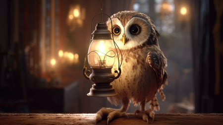 Owl with a lantern on the background of the night city.の素材