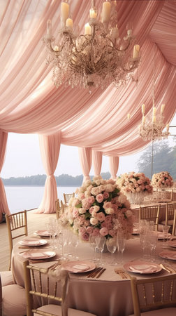Wedding table setting with flowers on the lake. Wedding decorの素材