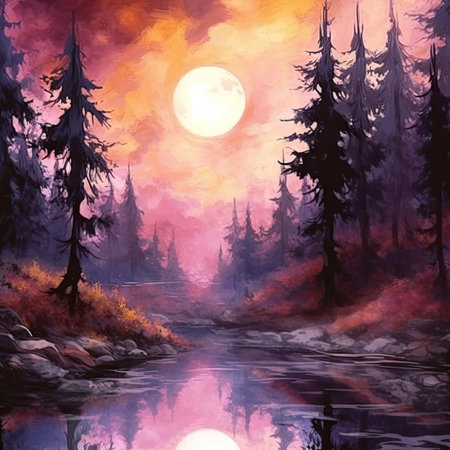 Watercolor landscape with a river, forest and a full moon.の素材