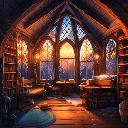 a fairy tale wooden interior with a glass window.の素材