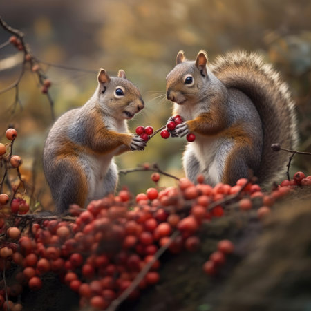 Two squirrels in the autumn forest with rowan berries on the treeの素材