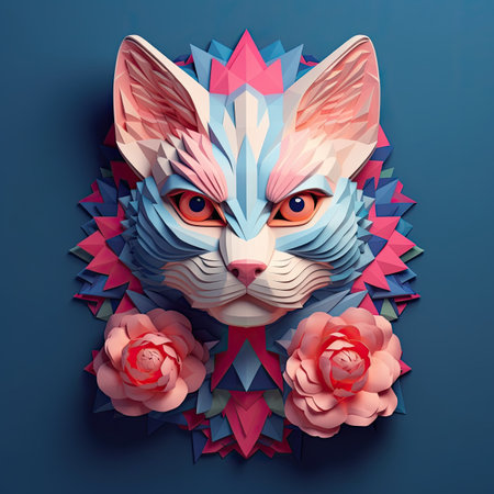 Cute cat with paper flowers on blue background.の素材