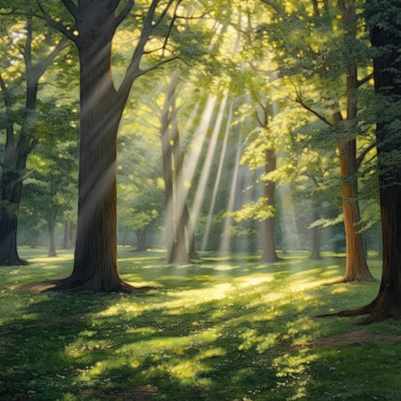 Sunbeams shining through trees in the forest.の素材
