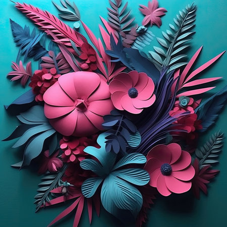 Flowers composition made of tropical leaves. Flat lay, top viewの素材