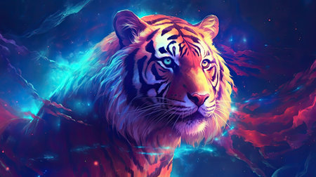 Tiger on a background of cosmic space.の素材