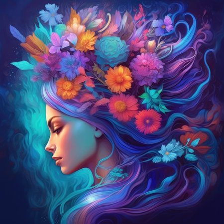 Beautiful girl with flowers in her hair. Colorful background.の素材