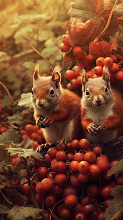 Squirrels sitting on a rowan berries in the autumn forestの素材