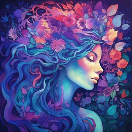 Beautiful girl with flowers in her hair.の素材
