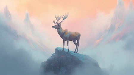 Fantasy scene with elk in the fog.の素材