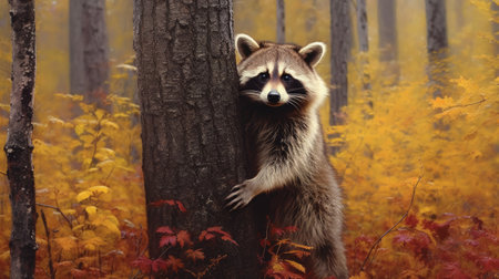 Raccoon in the autumn forest. Wildlife scene from nature.の素材