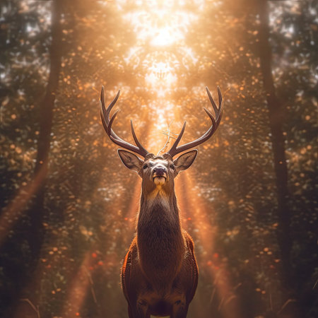 Red deer stag during rutting season in the forest at sunsetの素材