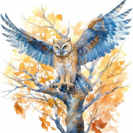 Watercolor owl on a tree branch with autumn leavesの素材
