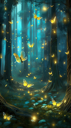 Mystical forest with flying yellow butterflies.の素材