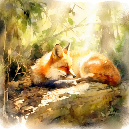 Watercolor pair of red foxes in the forestの素材