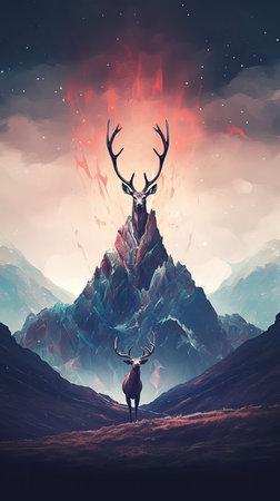 Fantasy landscape with a deer in the mountains.の素材