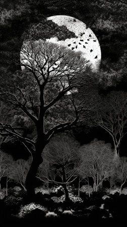 Black and white image of a full moon over a tree in the forestの素材