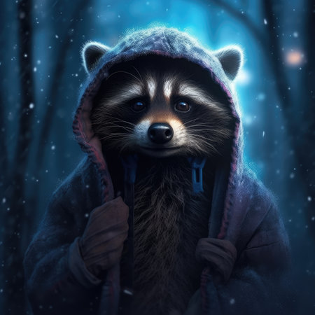 Portrait of a raccoon in a winter raincoat and hat.の素材