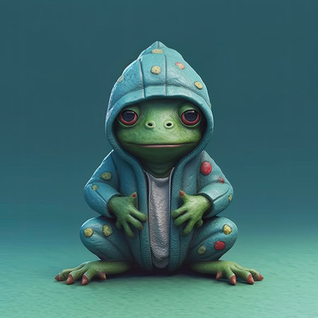 Frog in a raincoat on a blue background.の素材