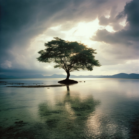 Lonely tree on the beach in the evening. Vintage styleの素材