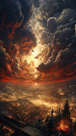 Fantasy landscape with clouds and sunset.の素材