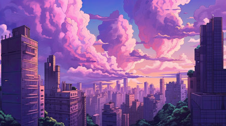 a futuristic city with clouds and skyscrapersの素材