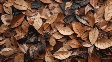 Brown and brown leaves background, top view. Autumn season concept.の素材