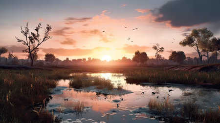 Sunset over the river with trees and birds.の素材