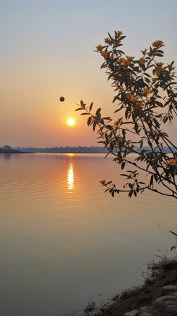Sunset at the lake in the evening. Beautiful natural landscape.の素材