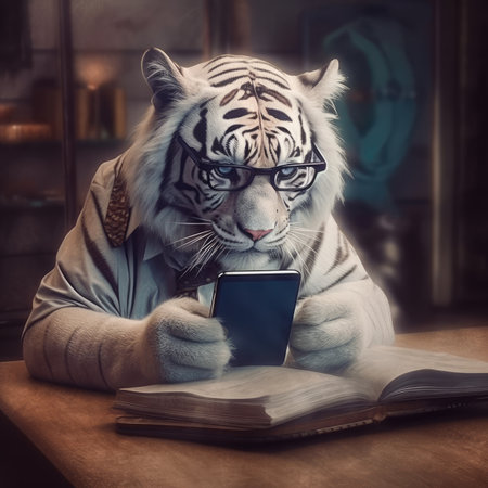 Cute white tiger in glasses sitting at the table and reading a bookの素材