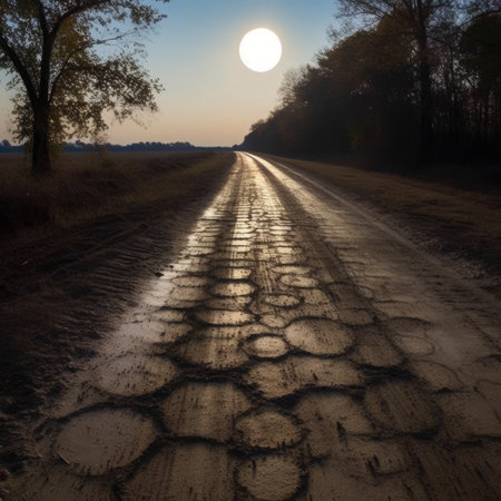 Rural road with puddles and sun in the background.の素材