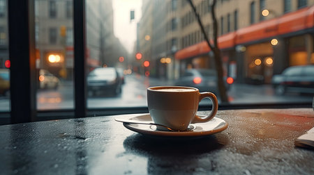 Coffee cup on the table in the city at rainy dayの素材