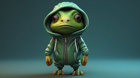 Funny frog in a raincoat and hood.の素材