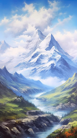 Mountain landscape with lake and blue sky.の素材