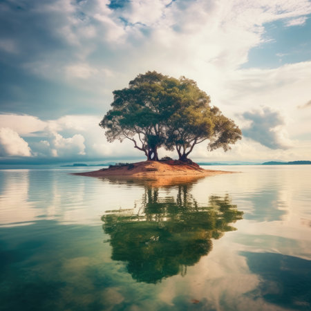 Beautiful seascape with lonely tree on the island in waterの素材