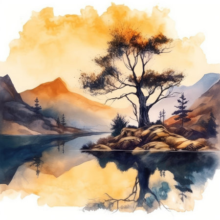 Watercolor lake with a tree and mountains in the backgroundの素材