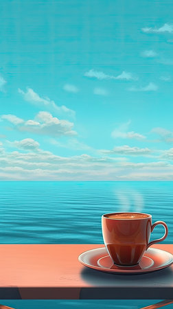 Coffee cup on the terrace with sea and sky backgroundの素材