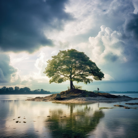 Beautiful seascape with lonely tree on the island and cloudy skyの素材