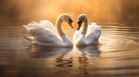 Two white swans swimming on a lake at sunset.の素材