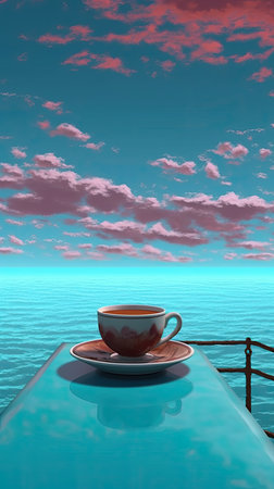 Cup of tea on the pier over the sea.の素材