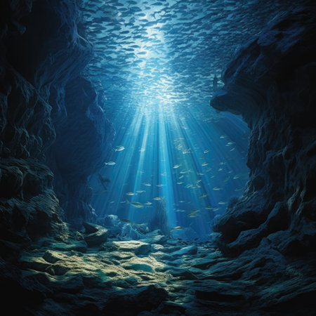 Underwater landscape with sun rays coming through the cave.の素材