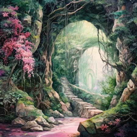 Watercolor waterfall in the tropical forest. Nature backgroundの素材