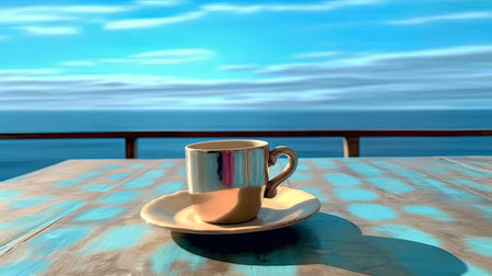 Cup of coffee on the deck of cruise ship with sea viewの素材
