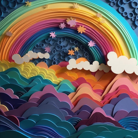 Rainbow with clouds and leaves in paper cut style.の素材
