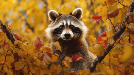 Portrait of a raccoon on a background of autumn leaves.の素材