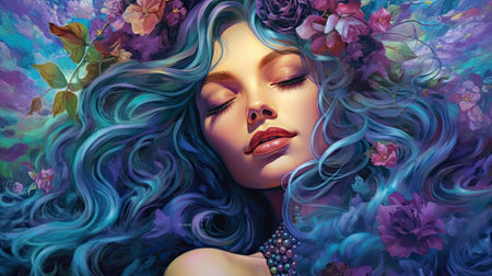 Beautiful woman with blue hair and flowers.の素材