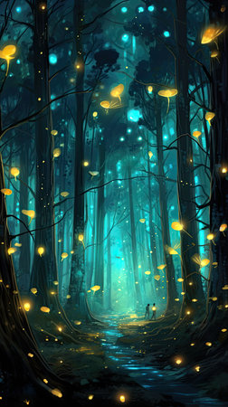 Mystical forest with glowing lightsの素材